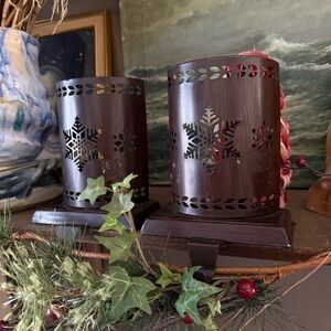 Vintage Snowflake Cutout Candle and stocking Holders for mantle - Brown pair